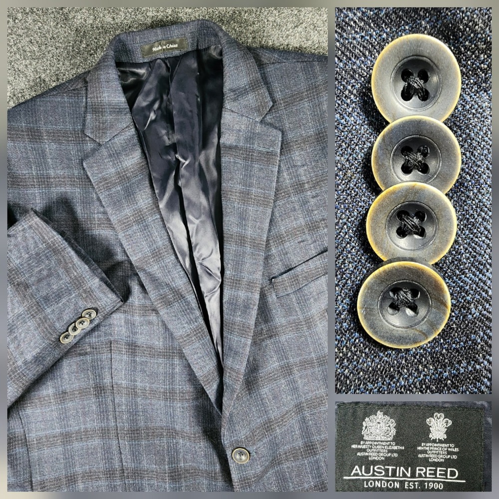 Austin Reed Sport Coat Mens 50R Blue Plaid Windowpane Wool Two Button Blazer EUC